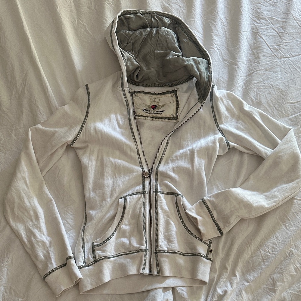 Twisted Heart White Hoodie with Gray Accents